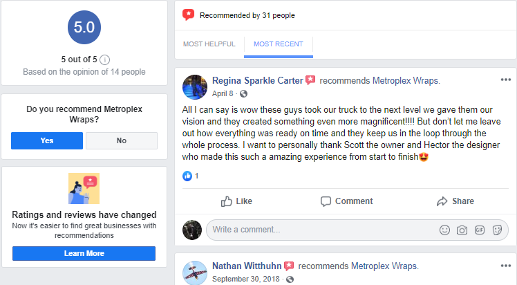 Facebook Business Reviews for a Vehicle Wrap Company