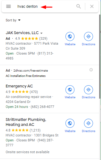 Screenshot of Google Maps Search for "Denton HVAC"