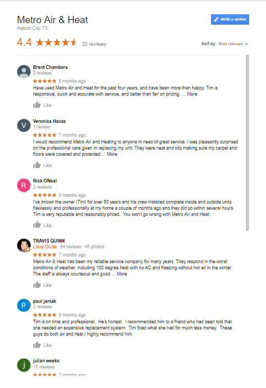 HVAC Google Reviews Screenshot